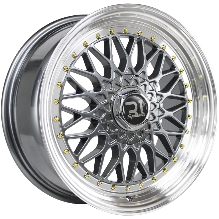 RIN 17X7.5 4-100/108 R1 SPORT QC112 BB GUNMETAL MACHINE LIP GOLD RIVETS ET30 CB7