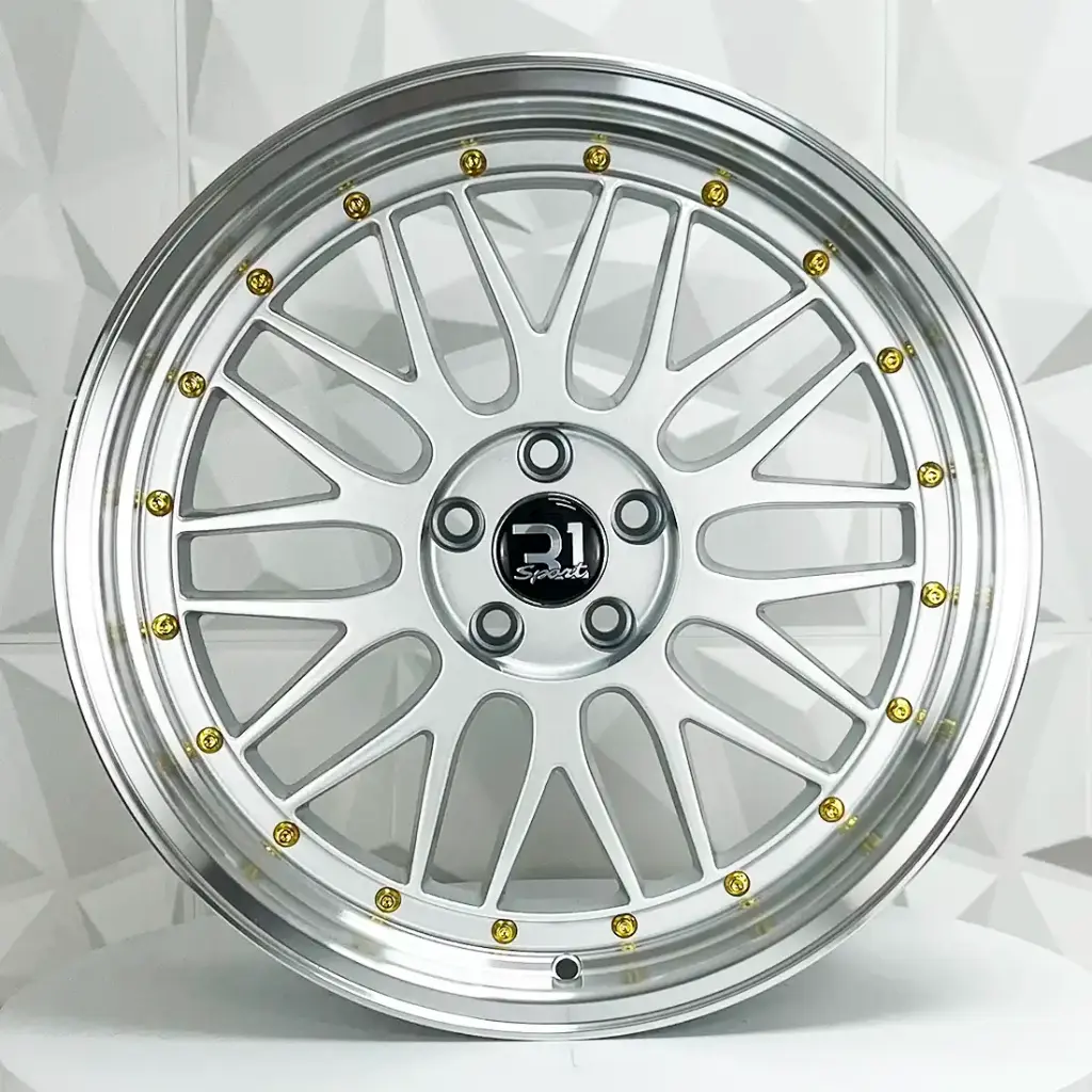 RIN 18X8 5-100 R1 SPORT A038 SILVER MACHINE LIP GOLD RIVETS ET30 CB73.1